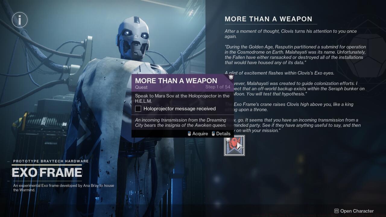 The Exo Frame can be found on the eastern side of the H.E.L.M. space during Season of the Seraph.