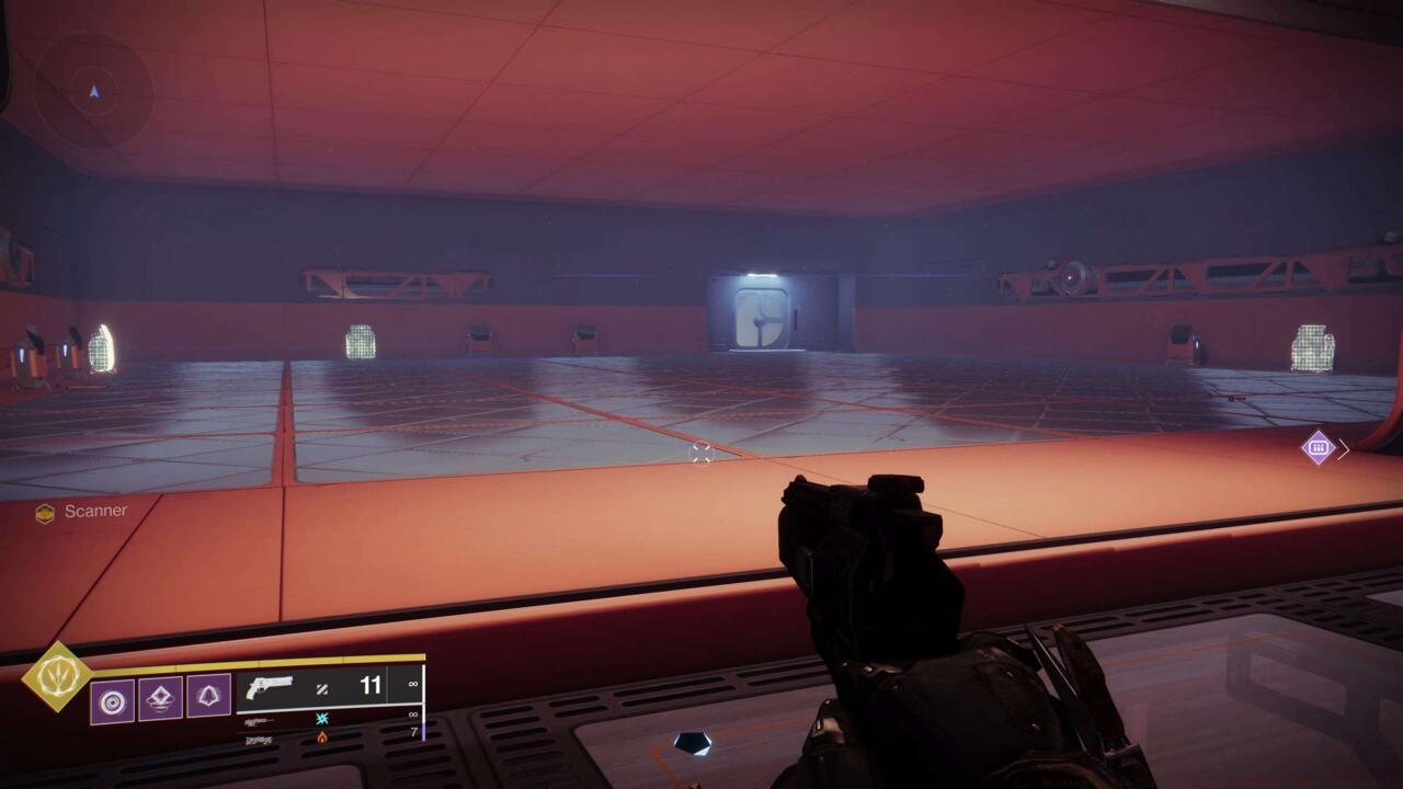 The three glowing consoles are visible through the Scanner augment from the top window.