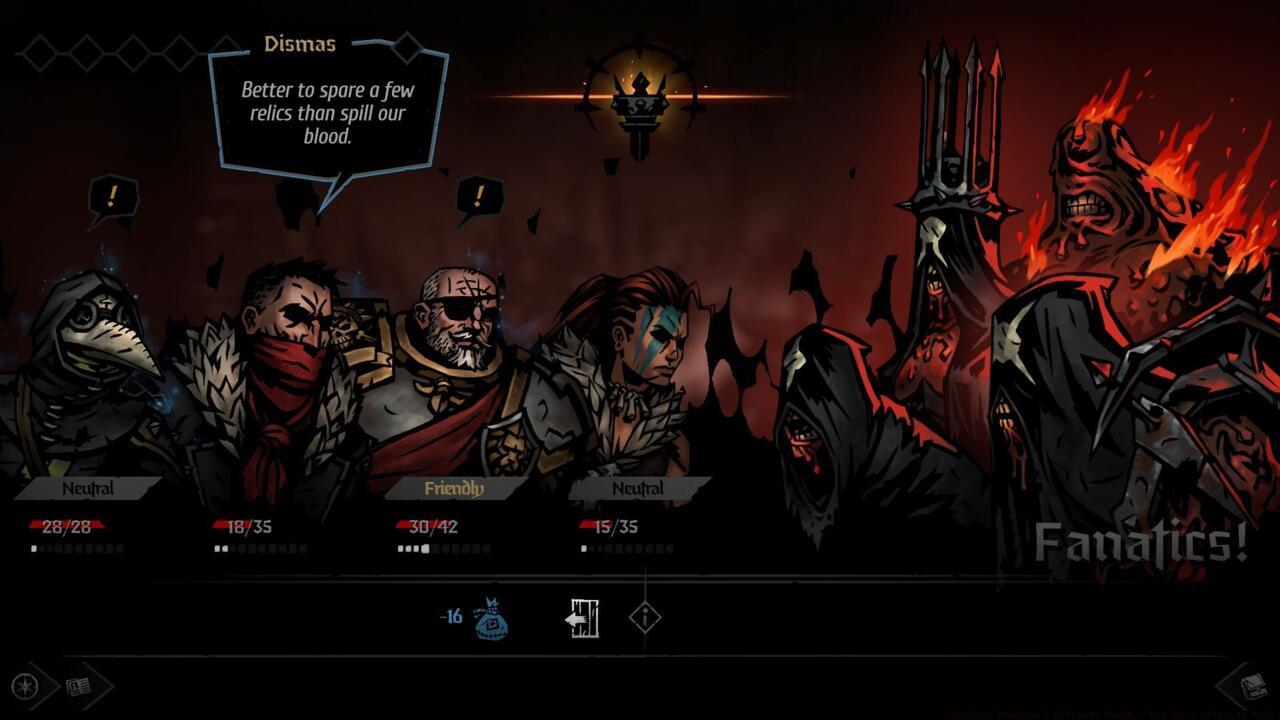 In this example, following through with Dismas' choice to flee the encounter will impact negatively on the Plague Doctor and the Man-at-Arms' Affinity Levels.