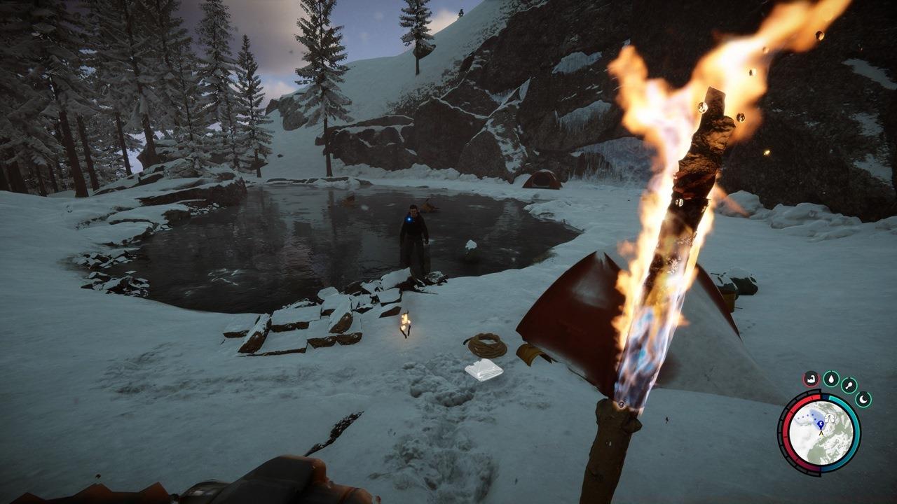 Have a handy source of warmth to keep your stamina in good condition. Also, there's a base camp that's close to the helicopter crash site. It's got tents that you can use to save and rest.