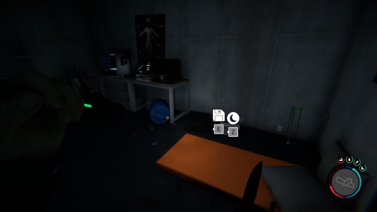 The 3D Printer room has a lot of stuff that can be looted, including arrows, resin bottles, batteries, and more. There's also a bedroll that you can use to save and rest.