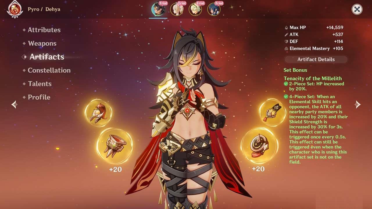 In her trial/test run, Dehya's got a full Tenacity of the Millelith set.