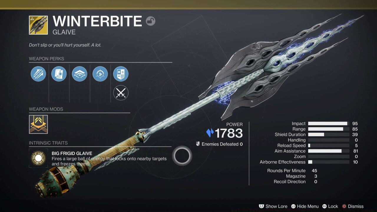 The Winterbite Exotic glaive gear details