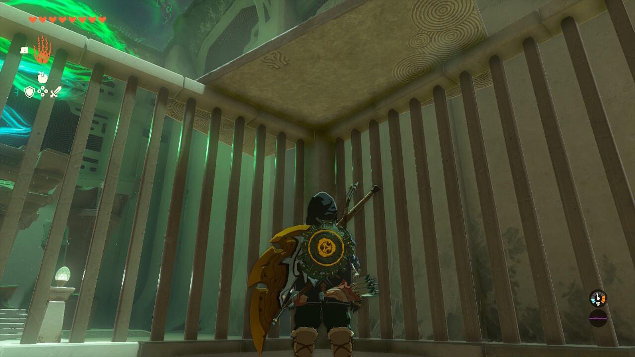 Balance the platform on the top of the cage, so you can use ascend to leave and complete the Shrine.