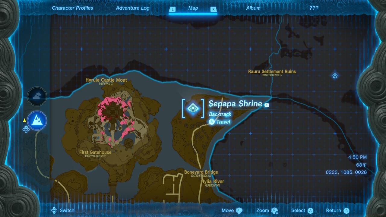 The Sepapa Shrine is located in the Central Hyrule region.