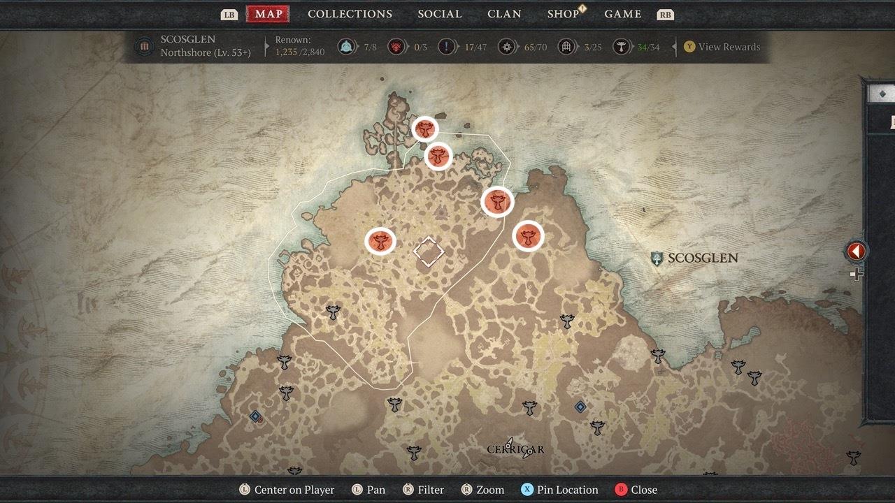 The remaining five Altars of Lilith are located in the northern tip of Scosglen.