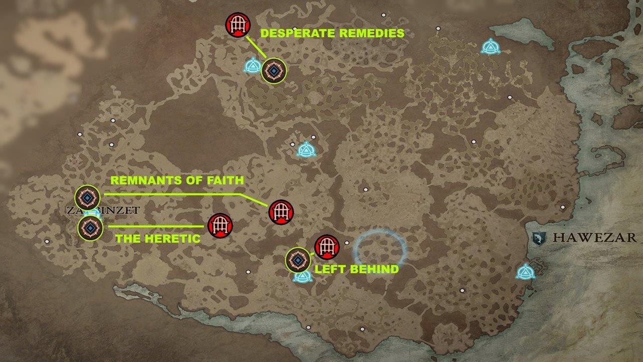 Hawezar dungeons with side quests map