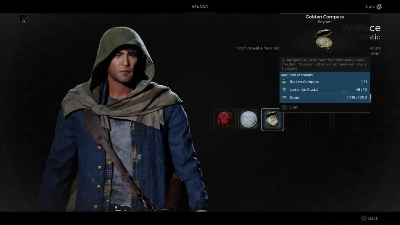 Use the Broken Compass, Lumenite Crystals, and a bit of Scrap to craft the Golden Compass.