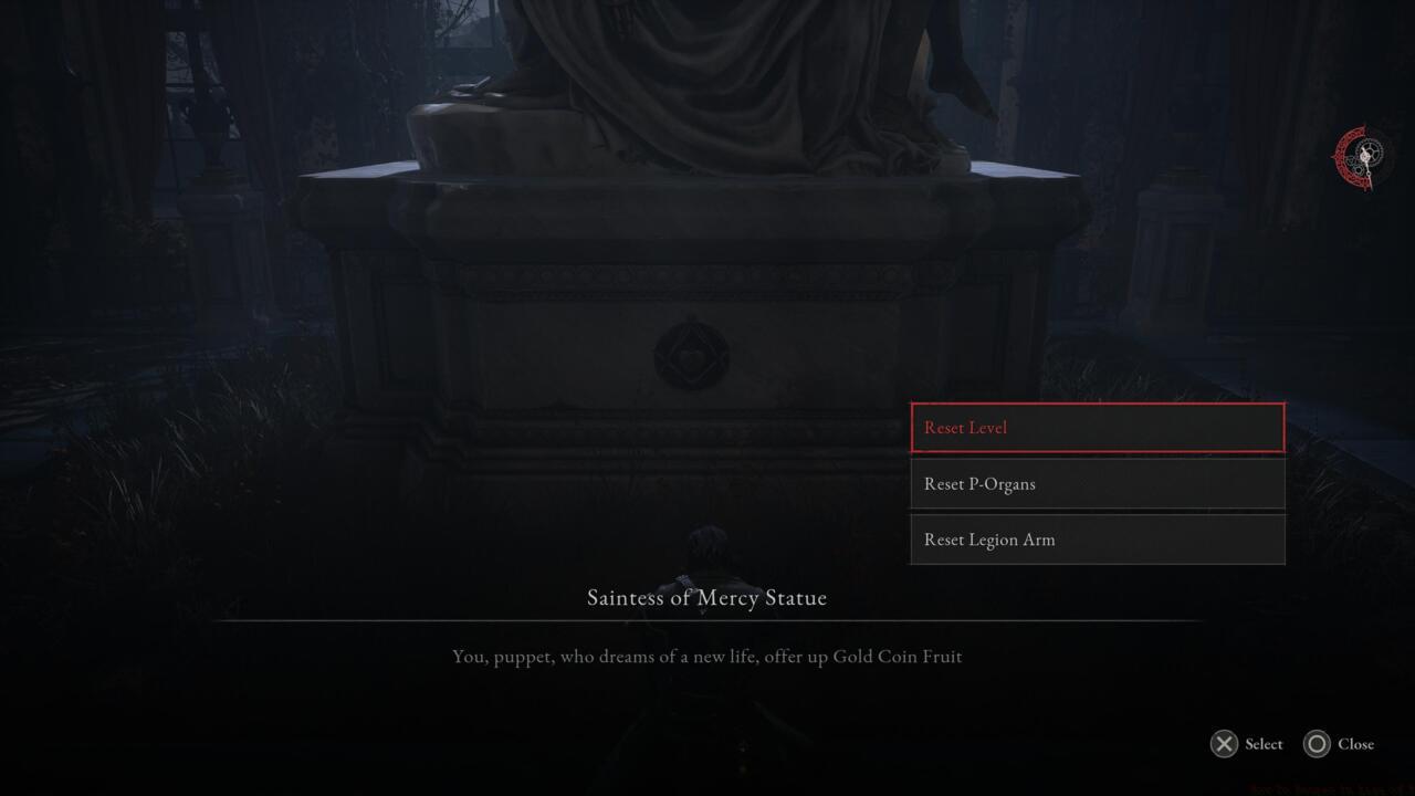 You can reset your level, P-Organ allocations, and Legion Arm upgrades at the Saintess of Mercy Statue.