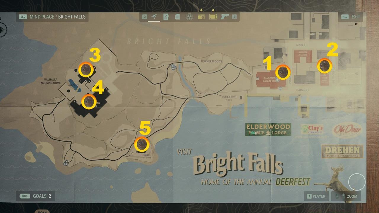 A map showing the Deer Heads in Bright Falls. 