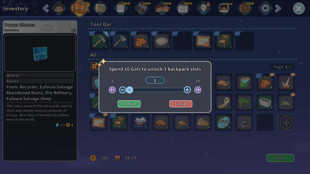 Each extra backpack slot costs 10 gol.