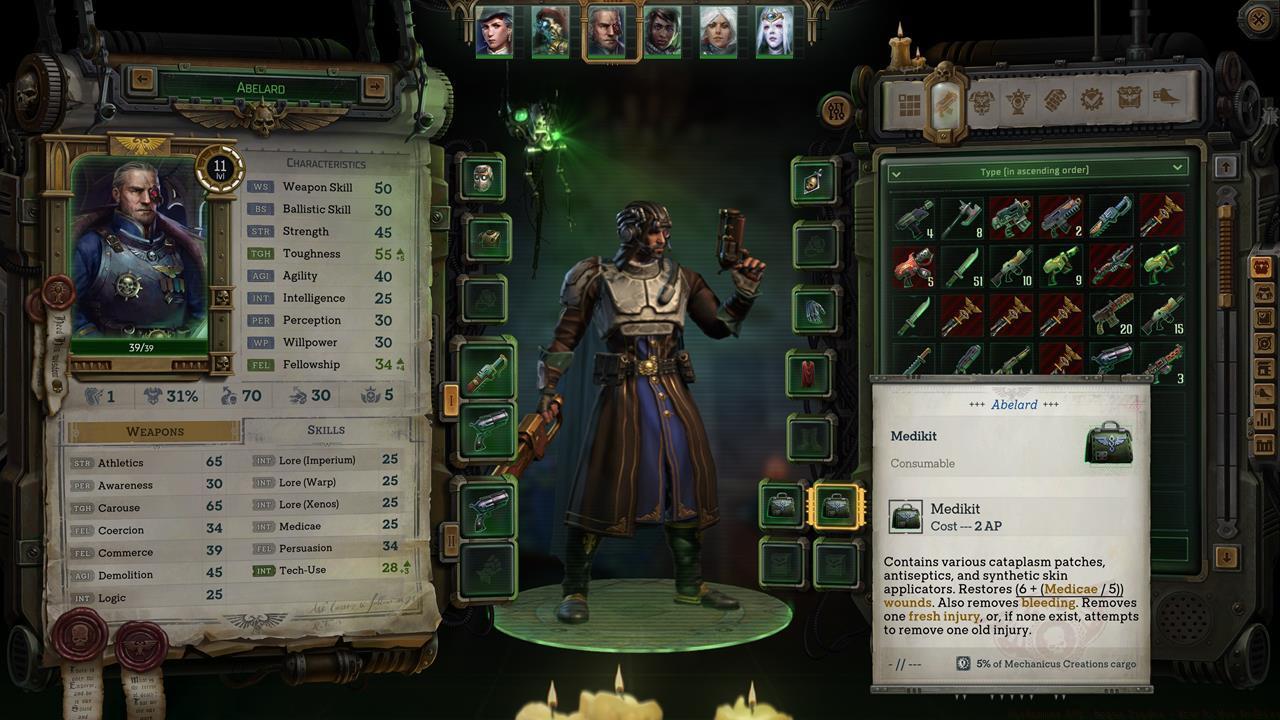 Abelard's Field Medic talent lets him use Medkits by default. You can see that he has a couple equipped in the consumables slots in his inventory.