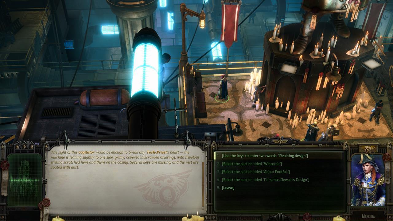 The cogitator positioned beside the monumental statue in Footfall Atrium.