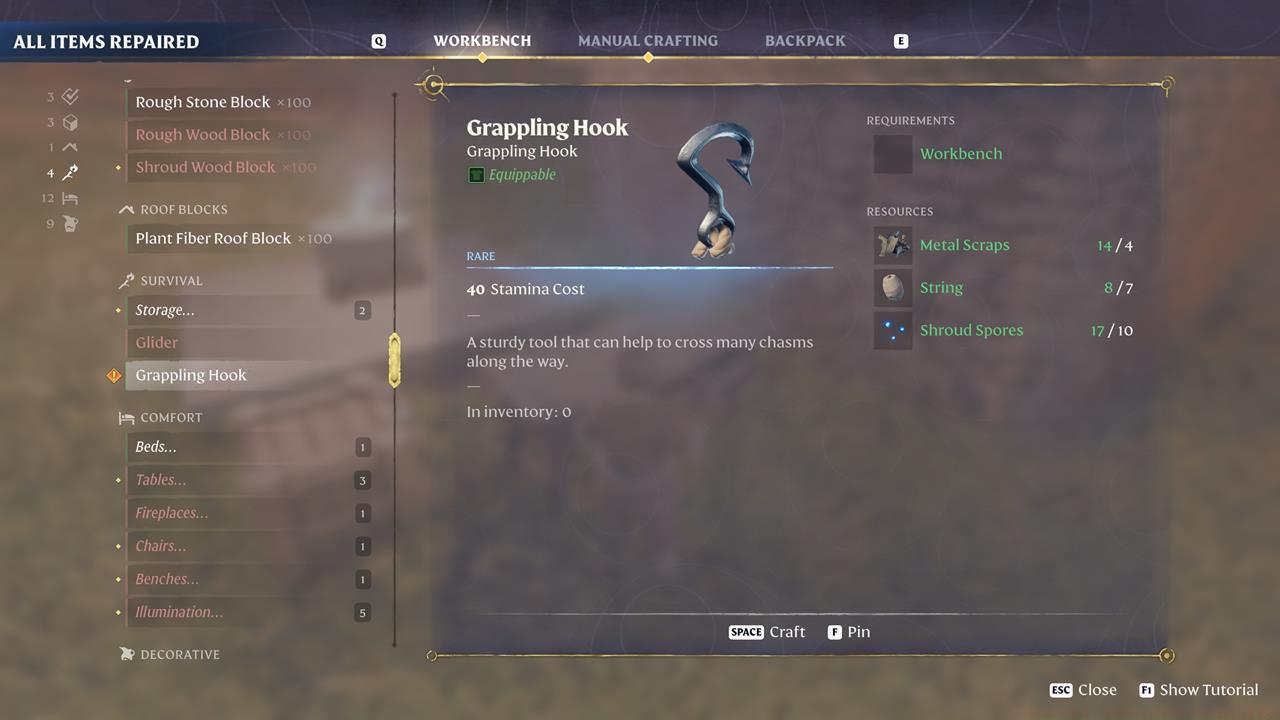 The materials needed to craft the Grappling Hook.