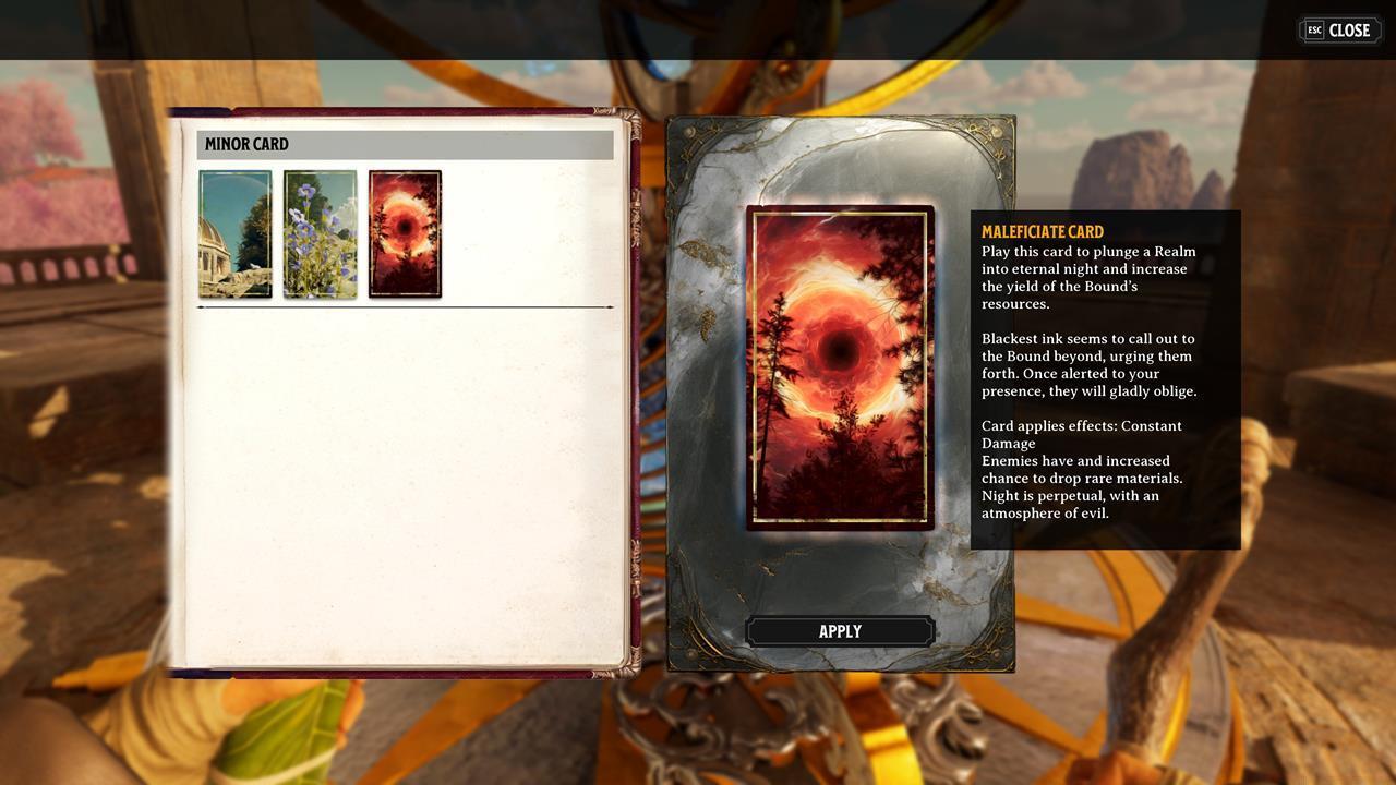 Select a Minor Card and apply its effects (i.e. modifiers) to your current world.