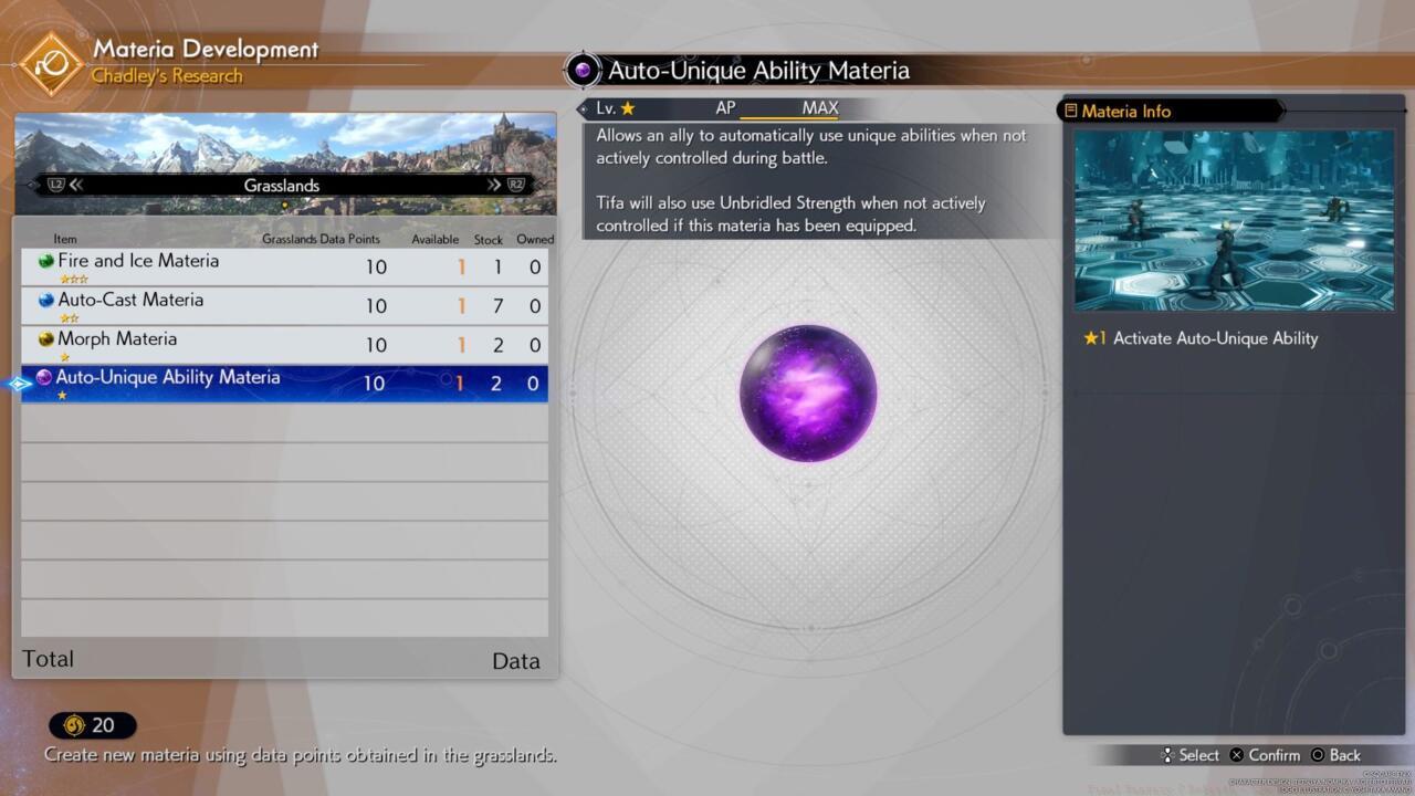 A list of materia Chadley can develop in exchange for Grasslands data points