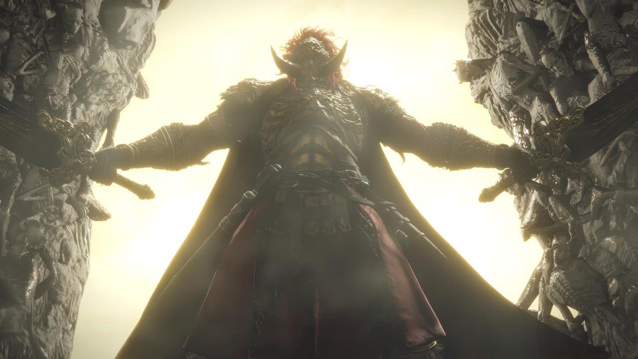 Promised Consort Radahn makes his grand entrance without his tiny horse.