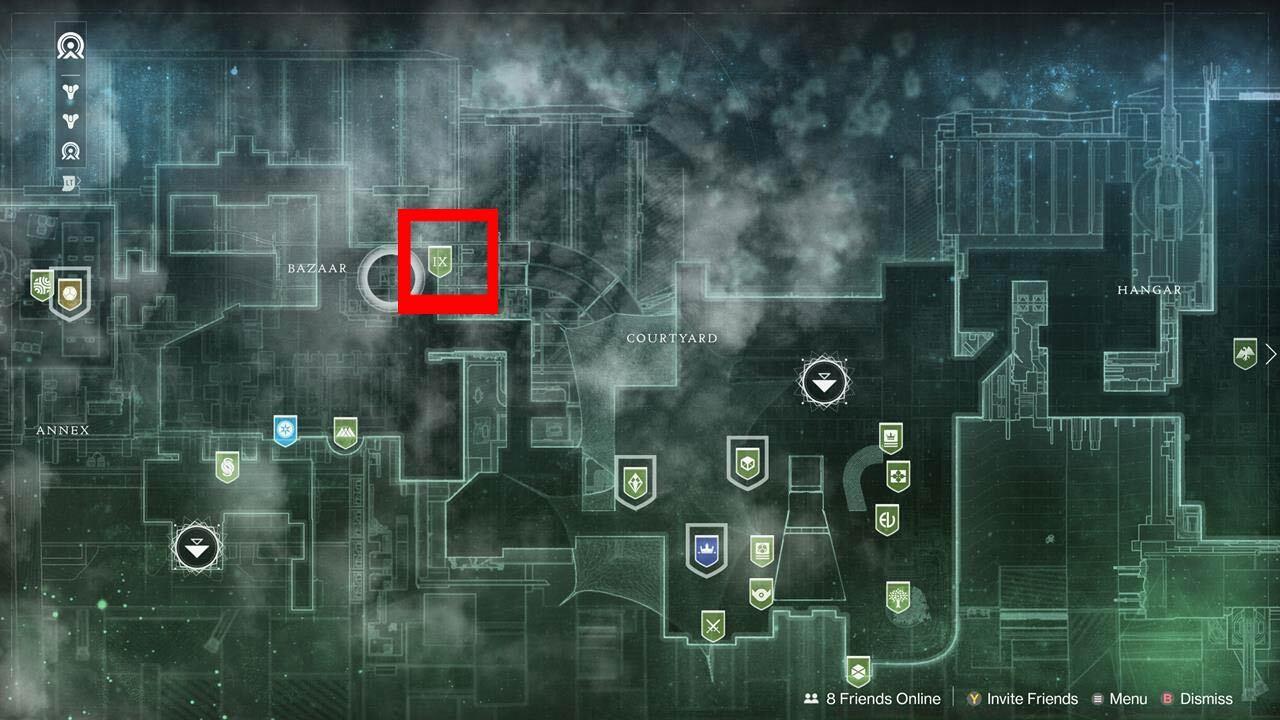 Xur's new location inside the Tower's Bazaar.