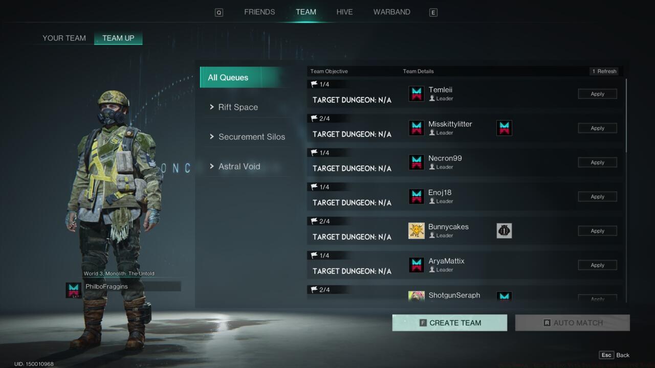 Use the Team Up menu to find players looking for groups, and potentially, new friends.