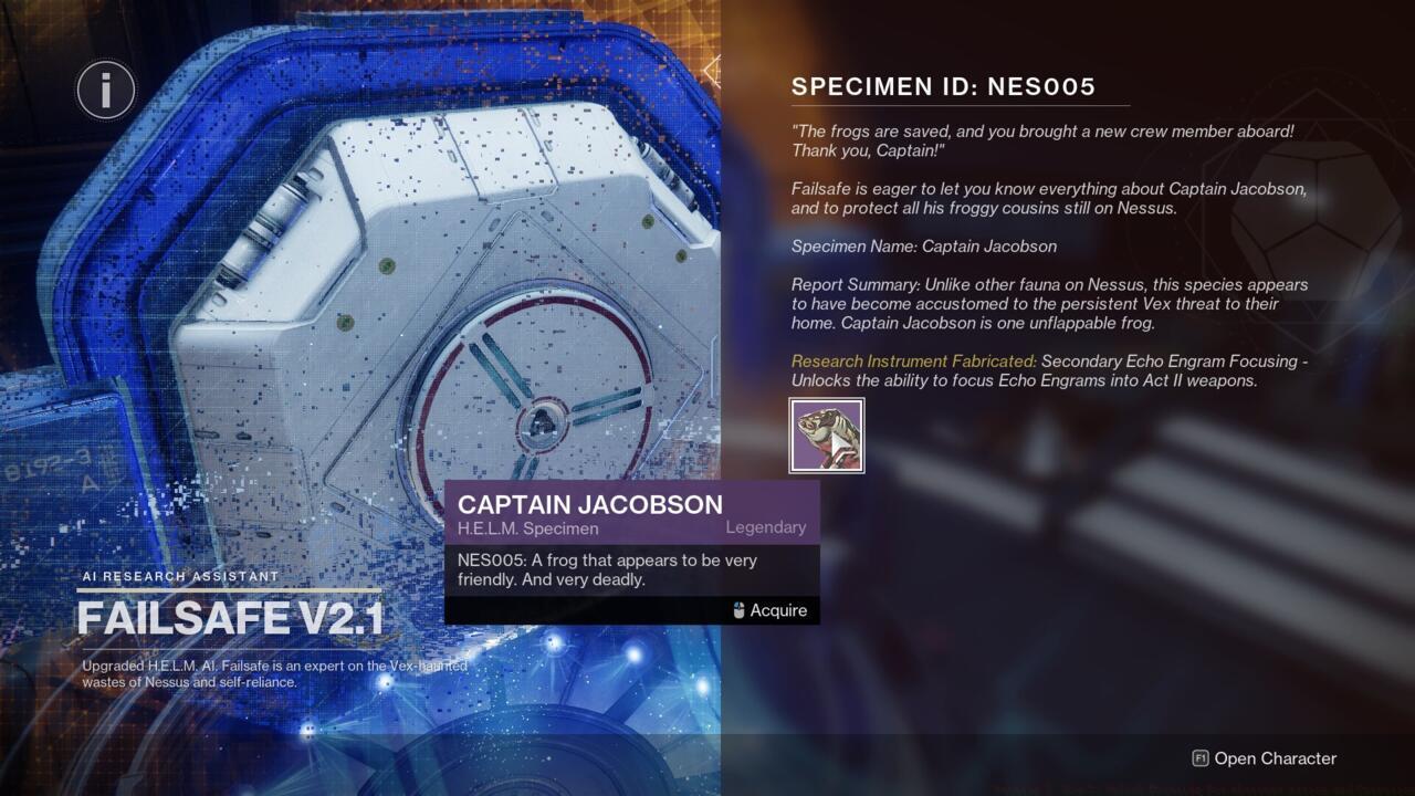 Add Captain Jacobson to the specimen holding area near Failsafe to earn some new gun-focusing abilities.