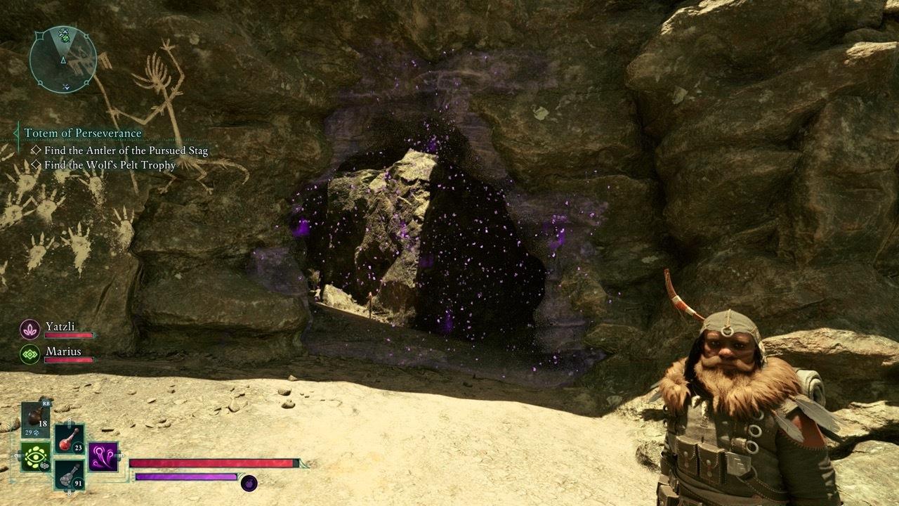 Use Yatzli to clear the illusion to enter the cave.