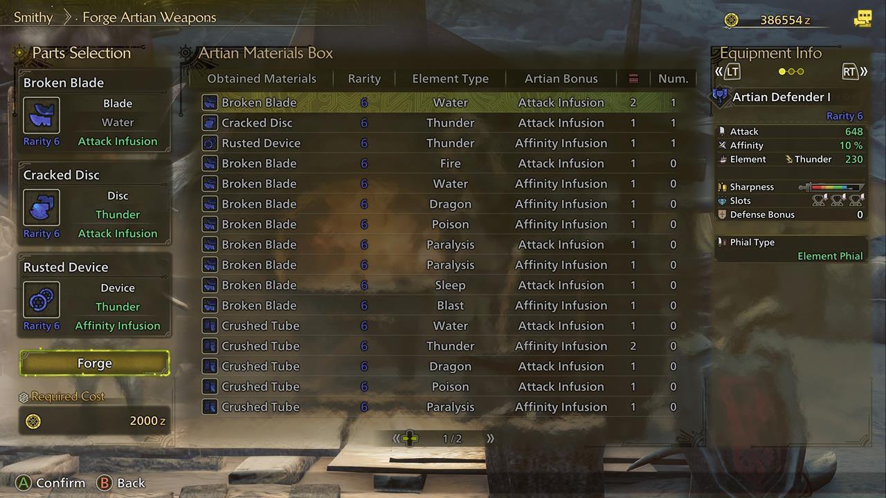 Combine parts to come up with an Artian Weapon with a certain elemental property or status ailment.