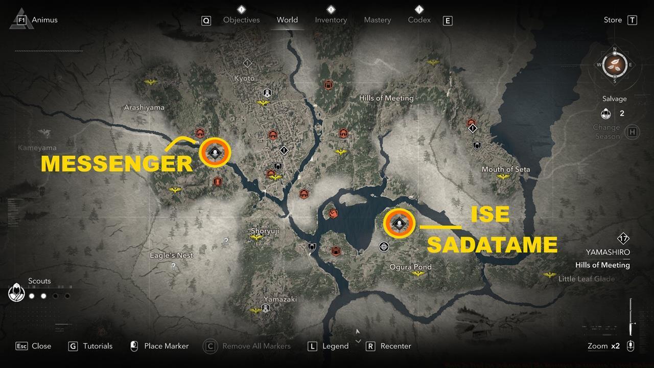 Ise Sadatame is southeast of Kyoto, while the messenger is to the west.