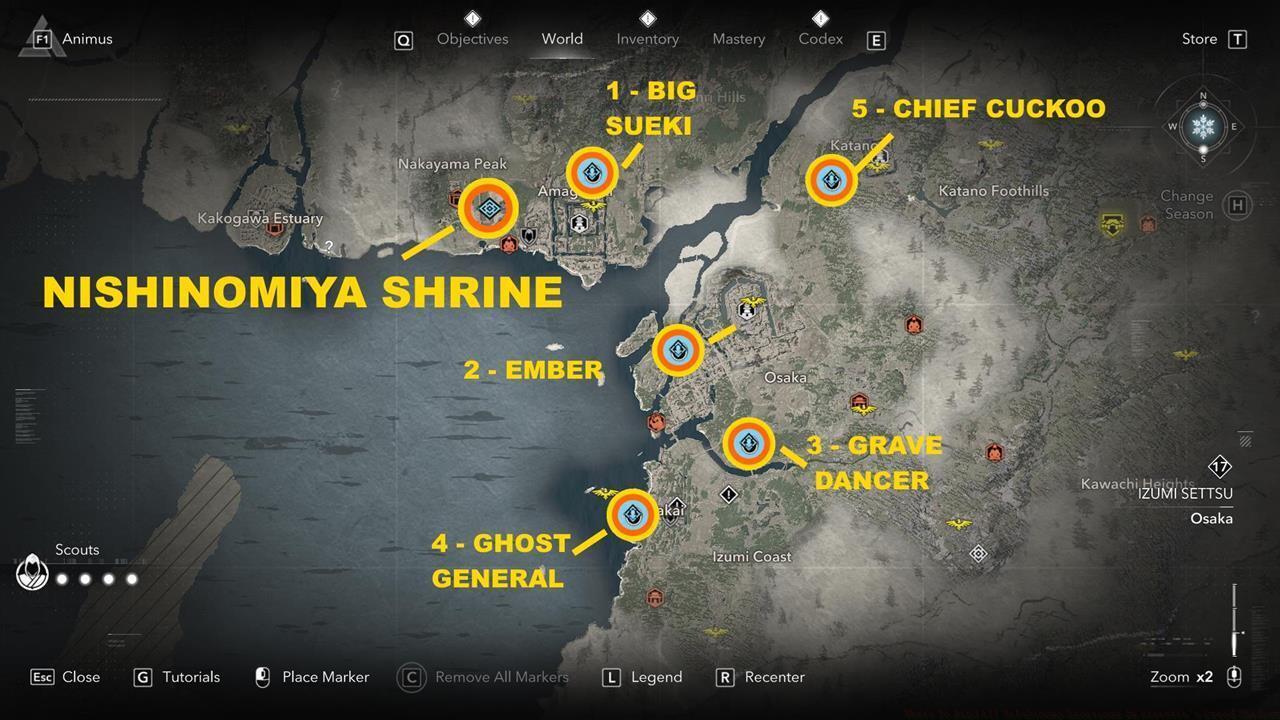 Map: The first five Kabukimono targets