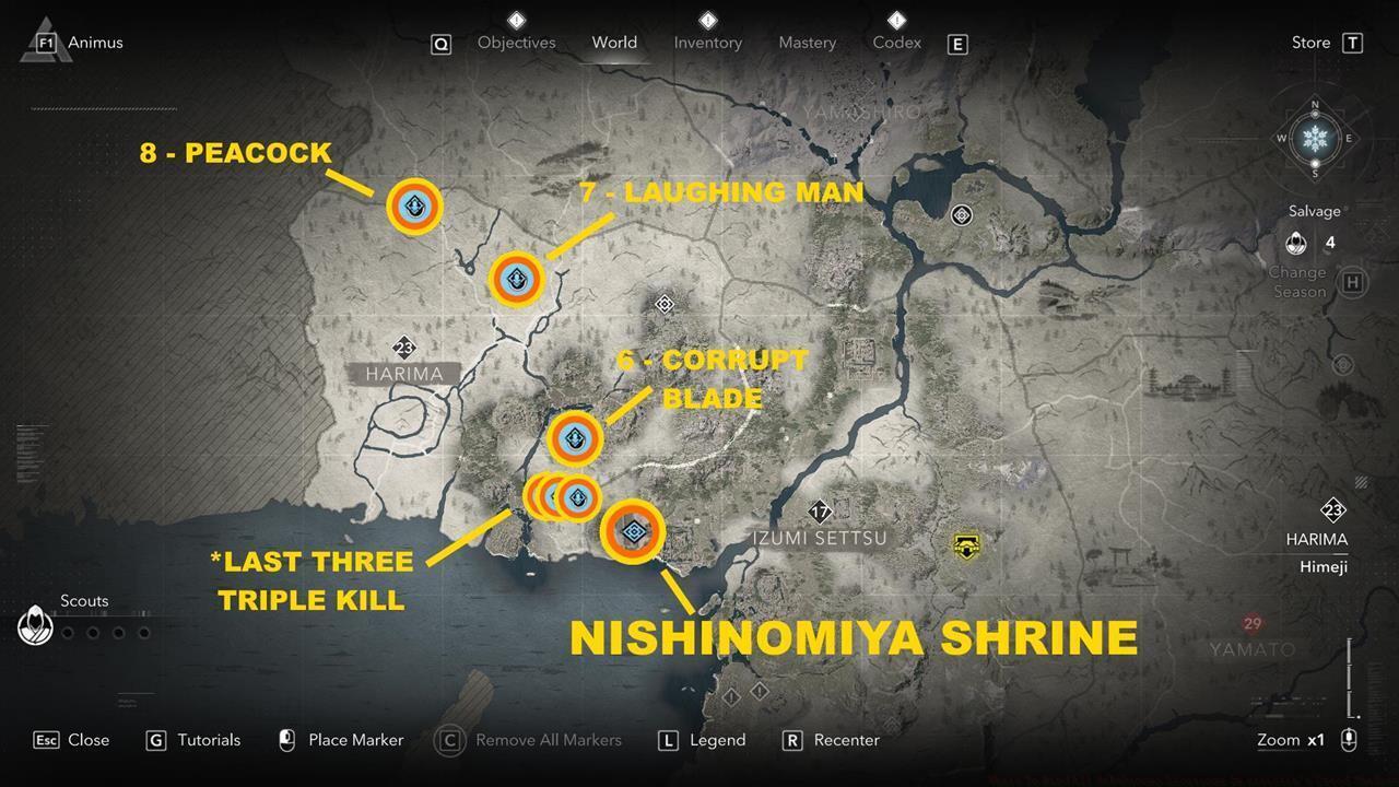 Map: The remaining three Kabukimono targets