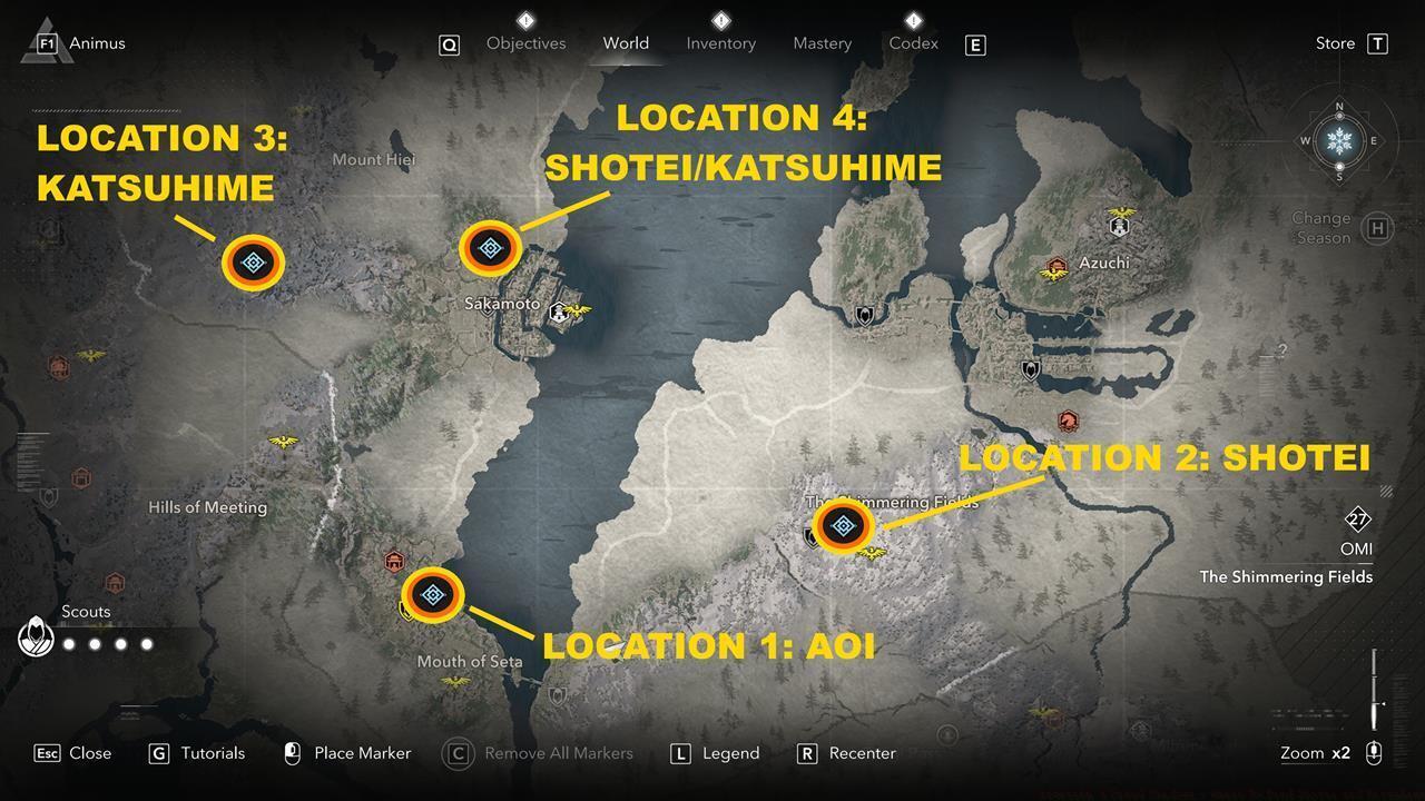 Map of locations: Aoi, Shotei, and Katsuhime