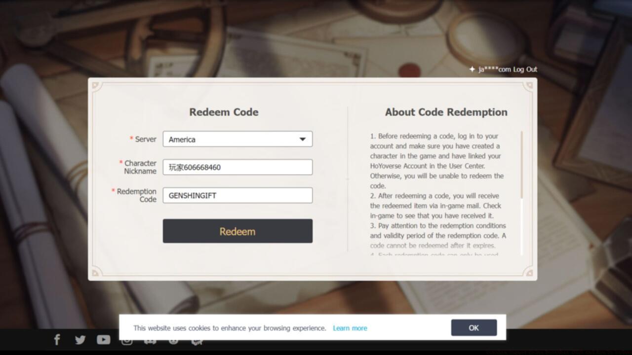 Genshin Impact website code redeem