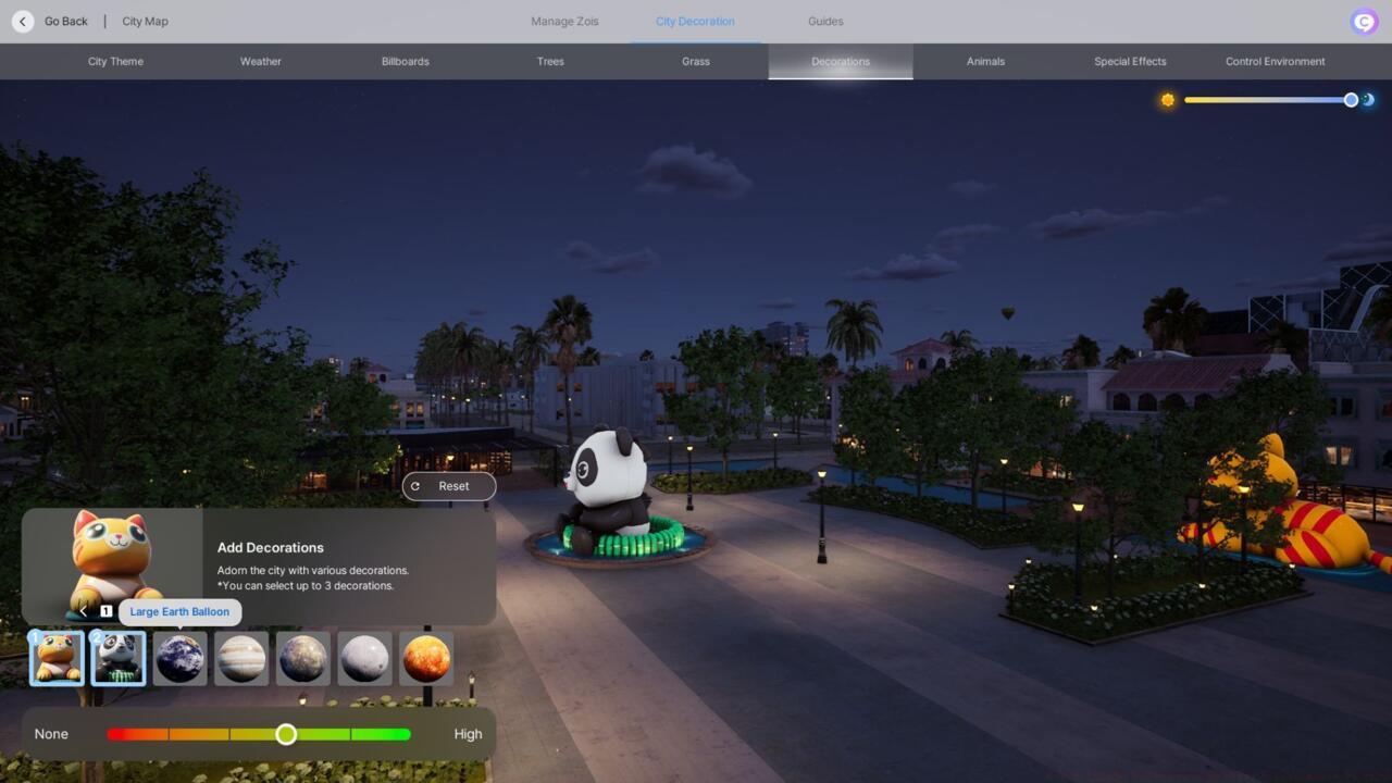 Decorations tab lets you add inflatable pandas