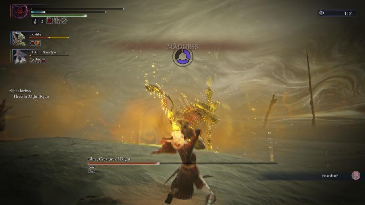 Collect the orange crystals scattered around the arena to stave off madness.