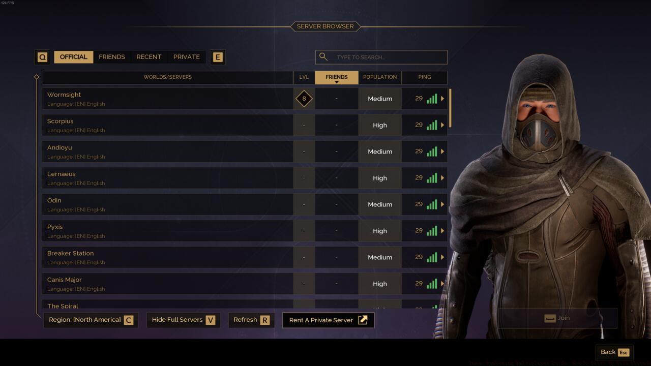 The server list in Dune: Awakening