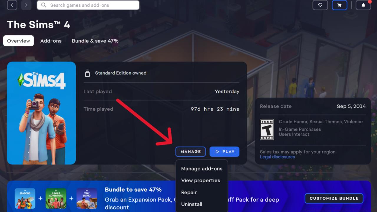 Here is where you can repair your Sims 4 installation in the EA app.