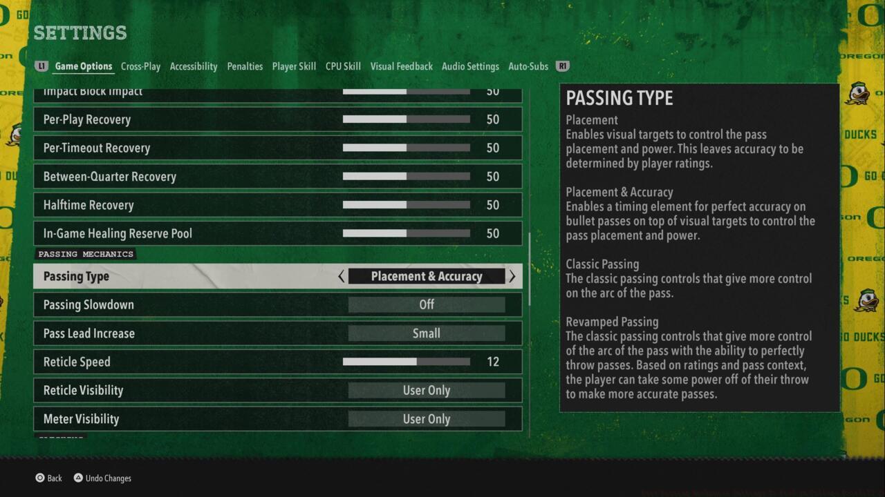 The Passing Mechanics settings in CFB 26