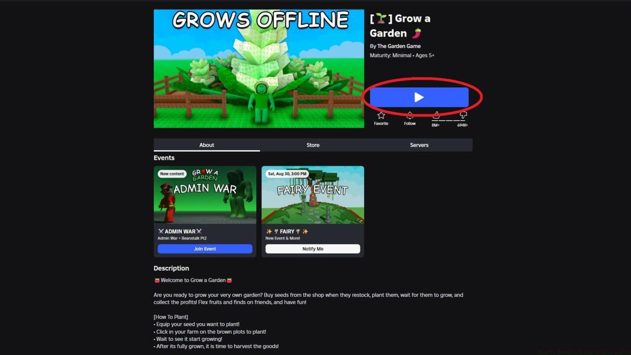 After logging in, load up a game's page and click the Play button circled here to download the official Roblox client.