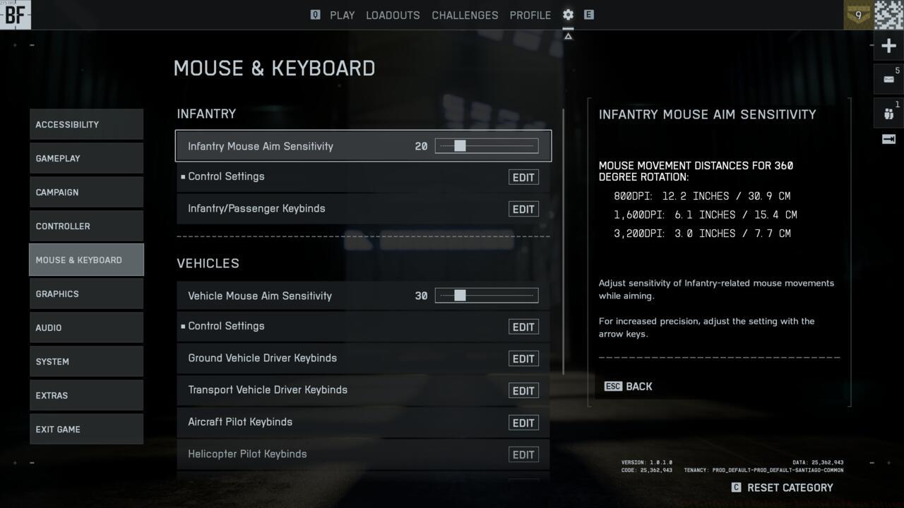 The Mouse and Keyboard settings menu in Battlefield 6