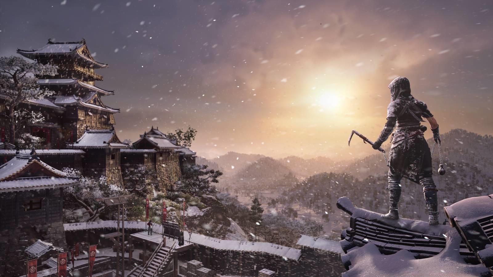 Fujibayashi Naoe, the female shinobi protagonist of Assassin's Creed Shadows, standing on top of a snowy rooftop overlooking a village.