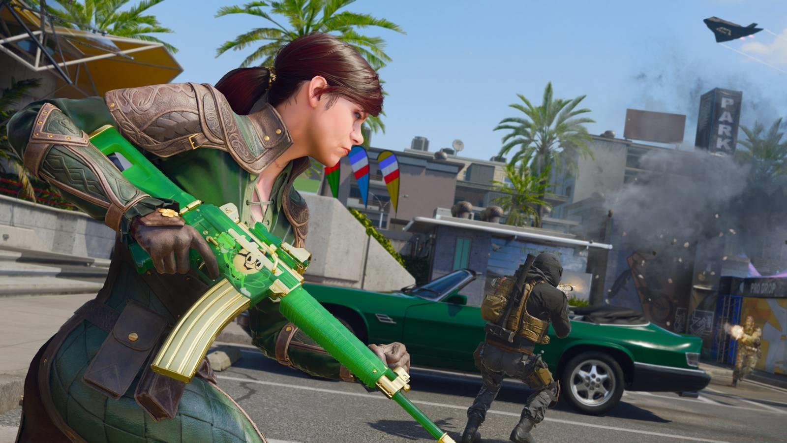 Brown haired operator using a green assault rifle as part of the Clover Craze event in Black Ops 6.