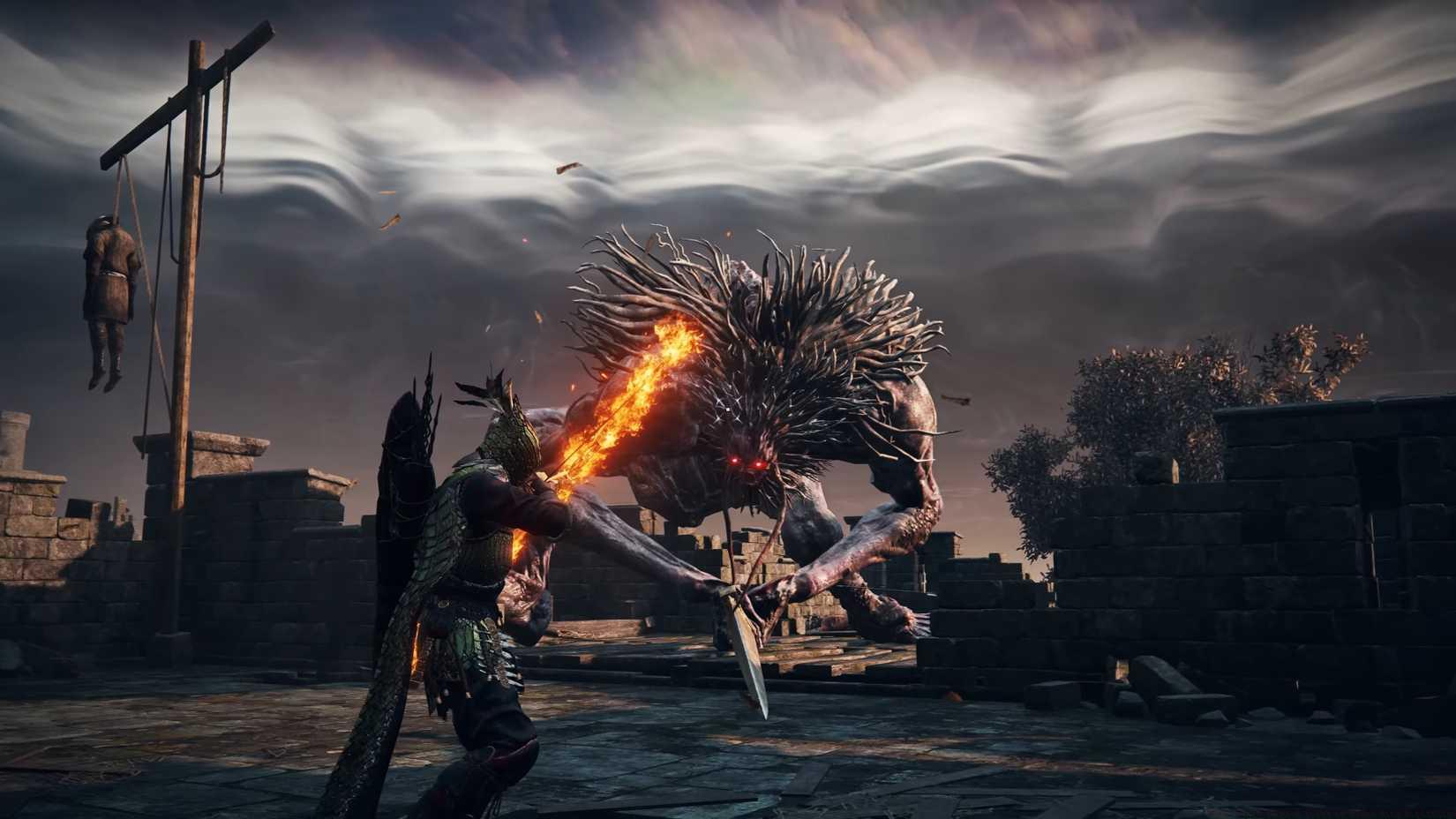 Ironeye aims a flaming shot at a giant troll in a screenshot from Elden Ring Nightreign