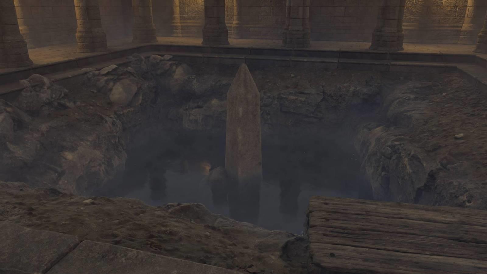 The Font of Renewal, a stone pillar in a pool of water, in Oblivion Remastered.