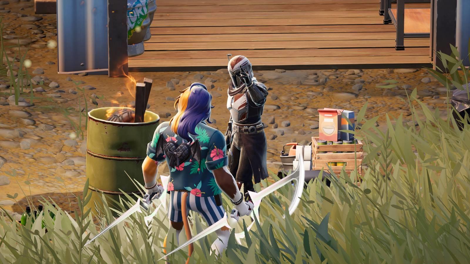 A Fortnite Mandalorian waves at Meowscles