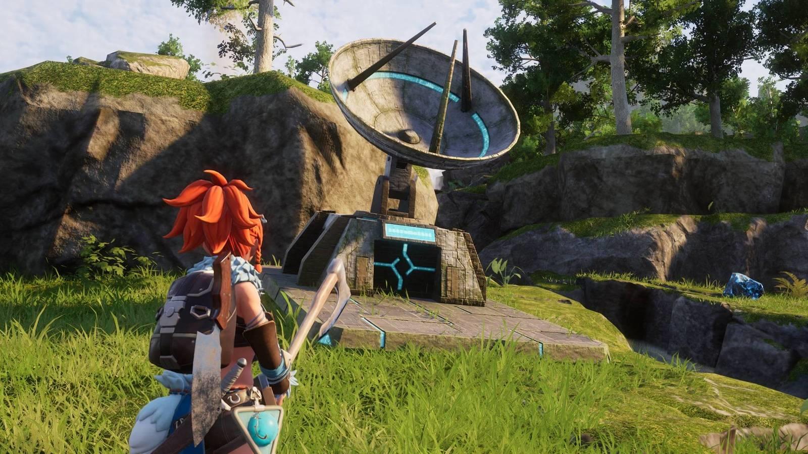 A girl with orange hair standing in front of a Global Palbox, which looks like a satelite dish, in Palworld.