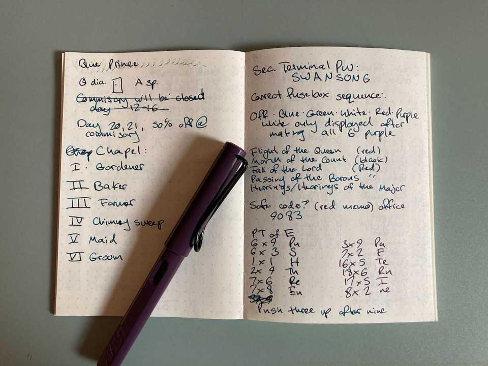 A photo showing a notebook of notes in Blue Prince.