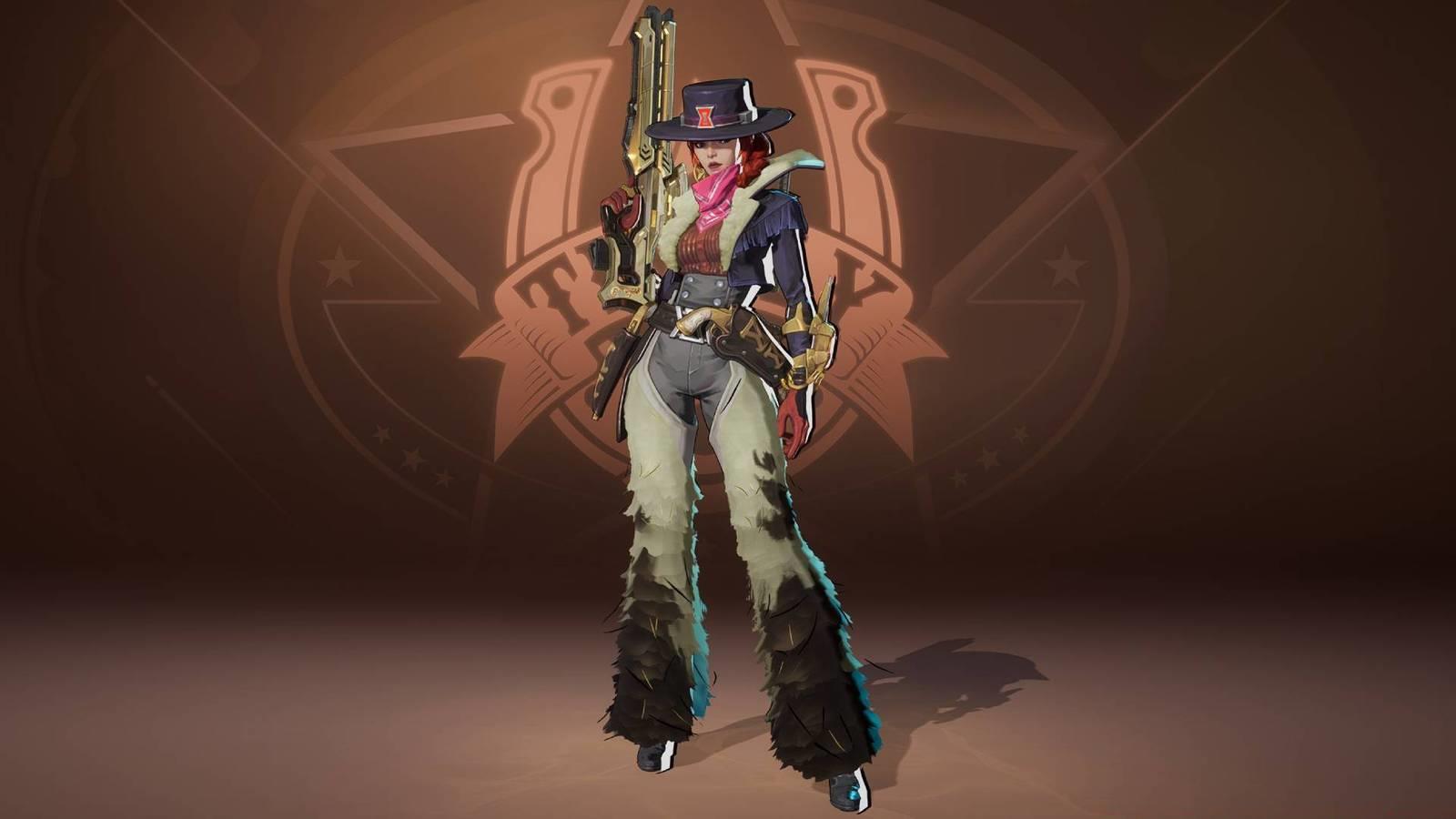 Black Widow dressed as a cowgirl for the Mrs. Barnes skin in Marvel Rivals.