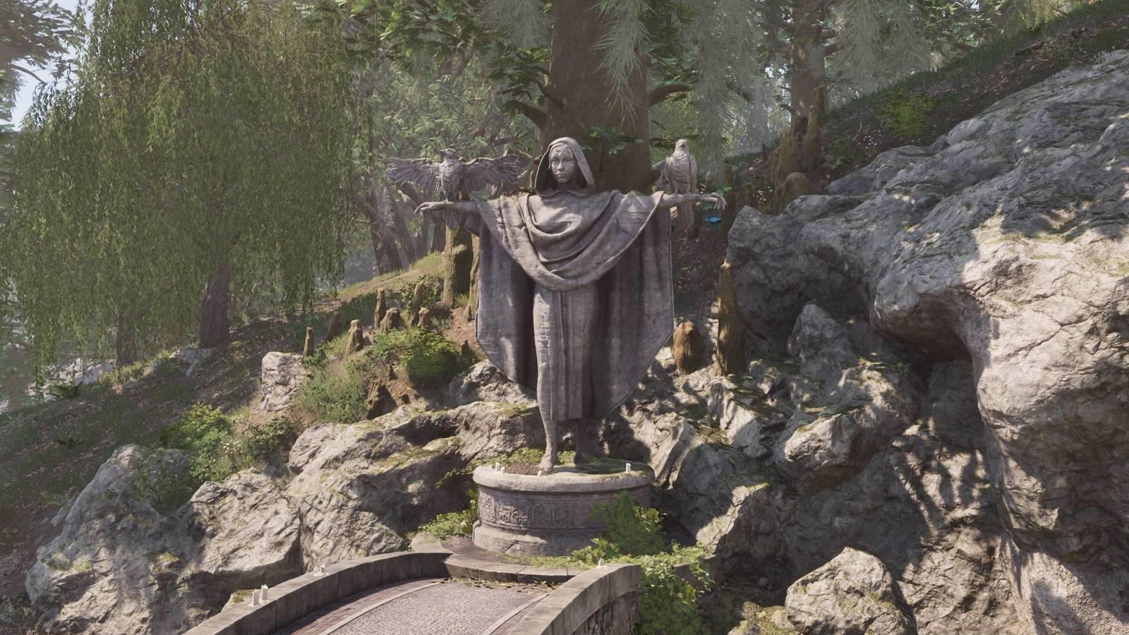 The Nocturnal Shrine, a statue with a stone bird on each arm, in Oblivion Remastered.