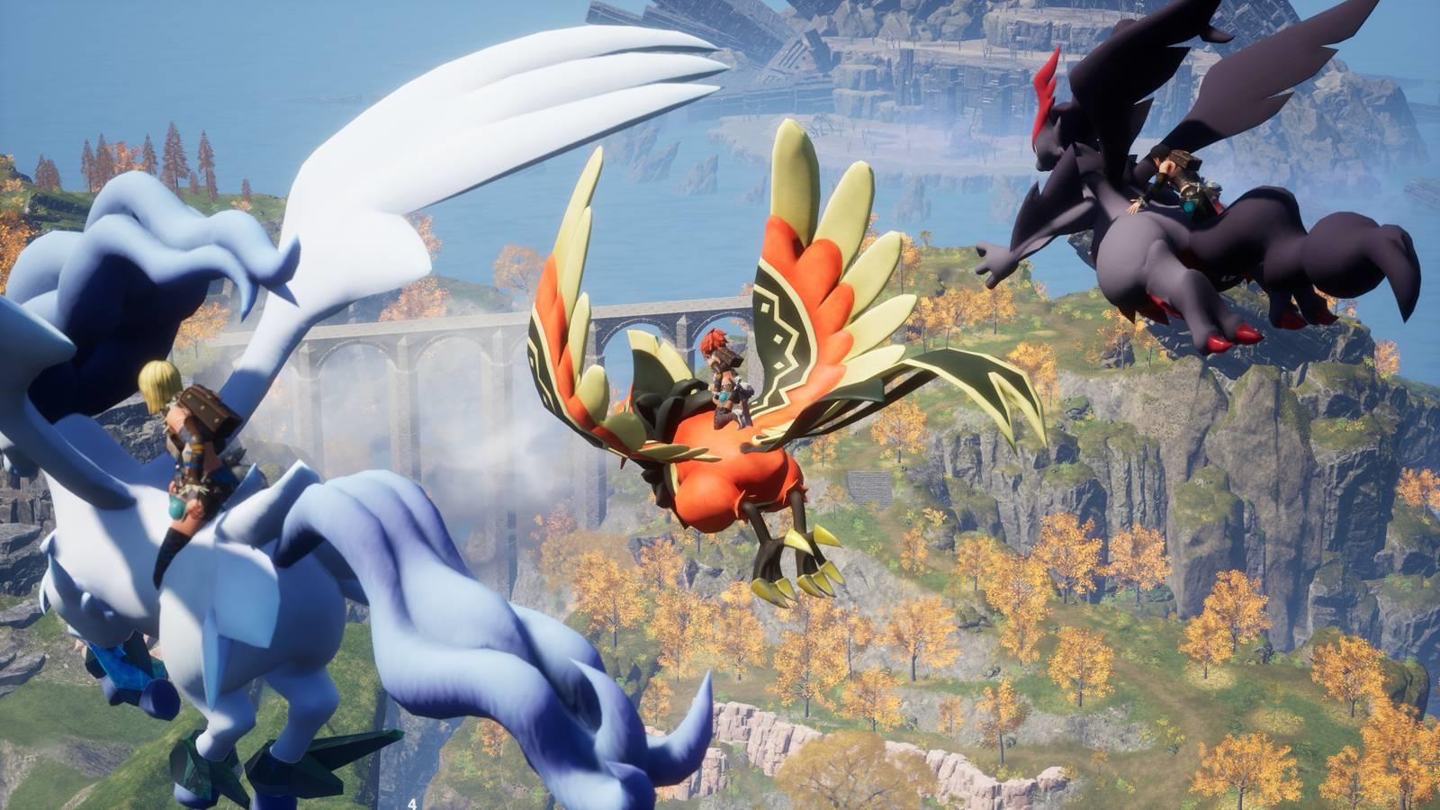 Three Palworld characters fly on Pals in Palworld