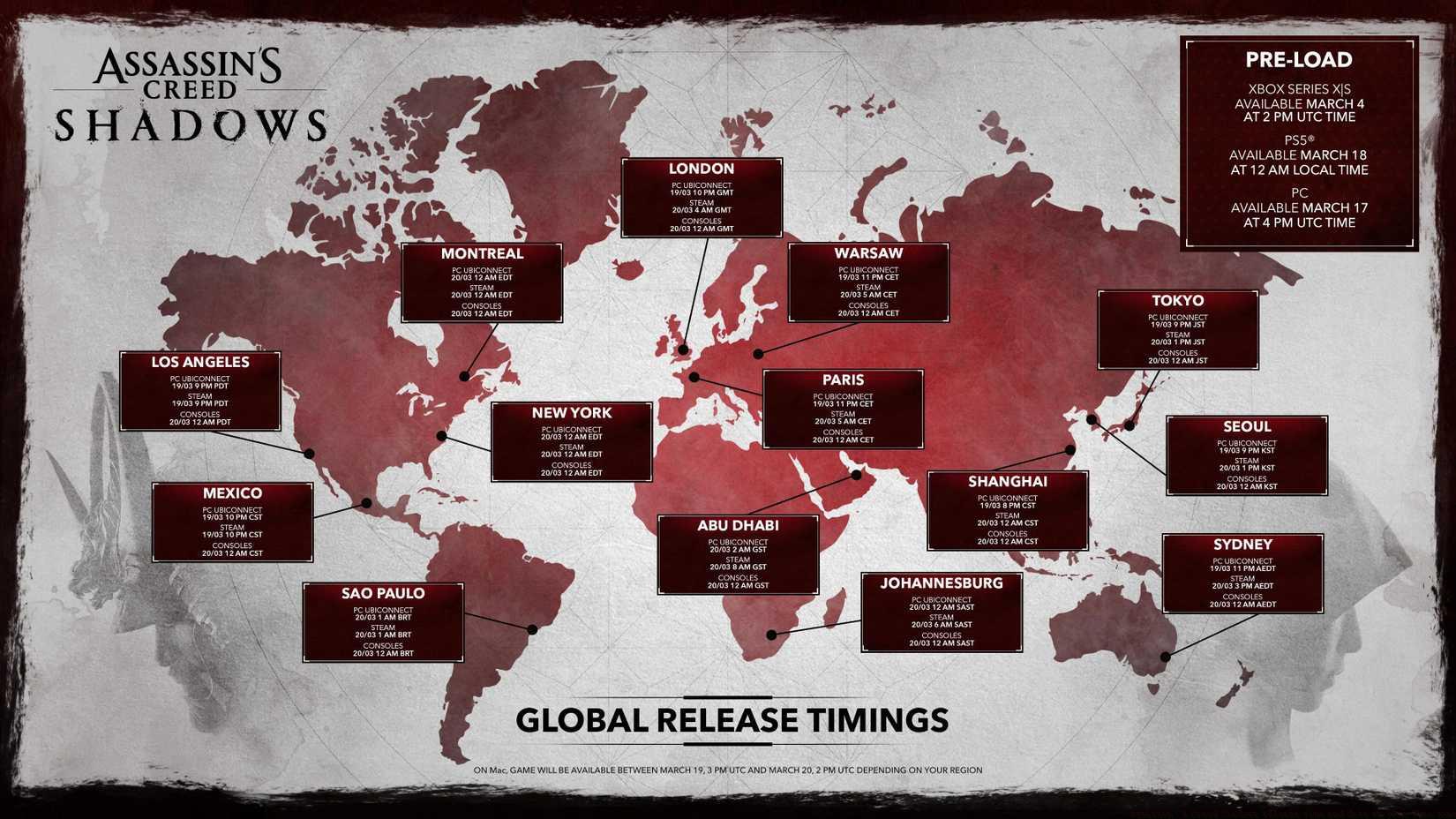 What time does Assassin's Creed Shadows release in your time zone?