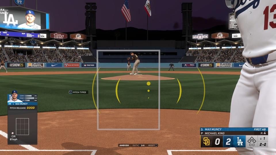 In MLB The Show 25, Max Muncy is up to bat and the hitting indicator, over on the right side, is bigger than normal due to Ambush Hitting